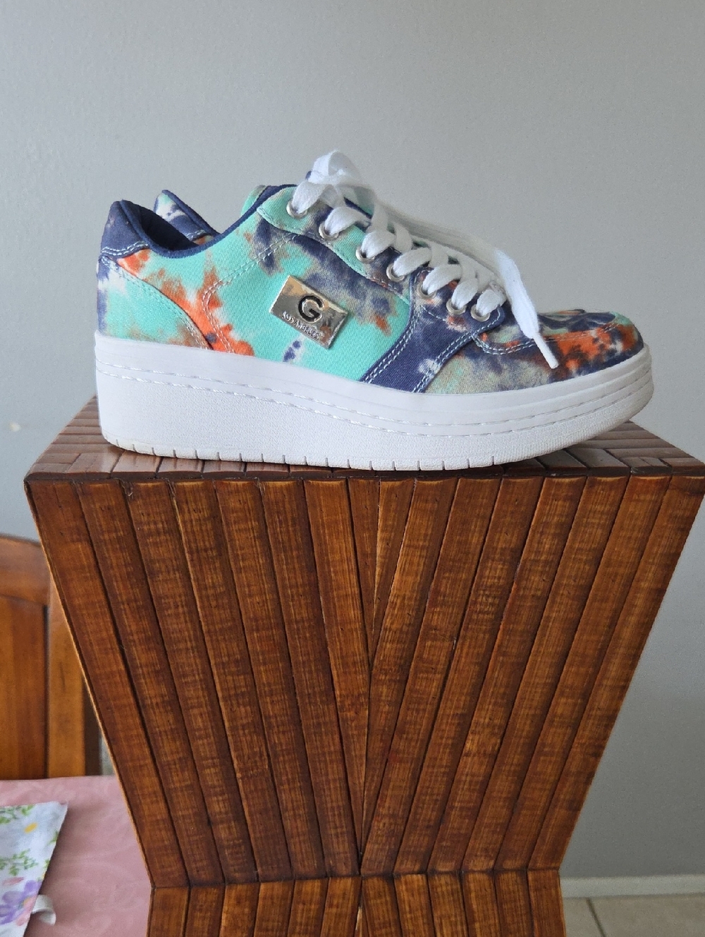 G by Guess Navy Tie-Dye Sneakers with Orange and Teal Accents